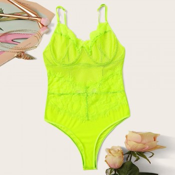Green Lace Bodysuit Women Floral Embroidery Bow Tie Transparent Sexy Bodysuit Jumpsuit Overalls Party